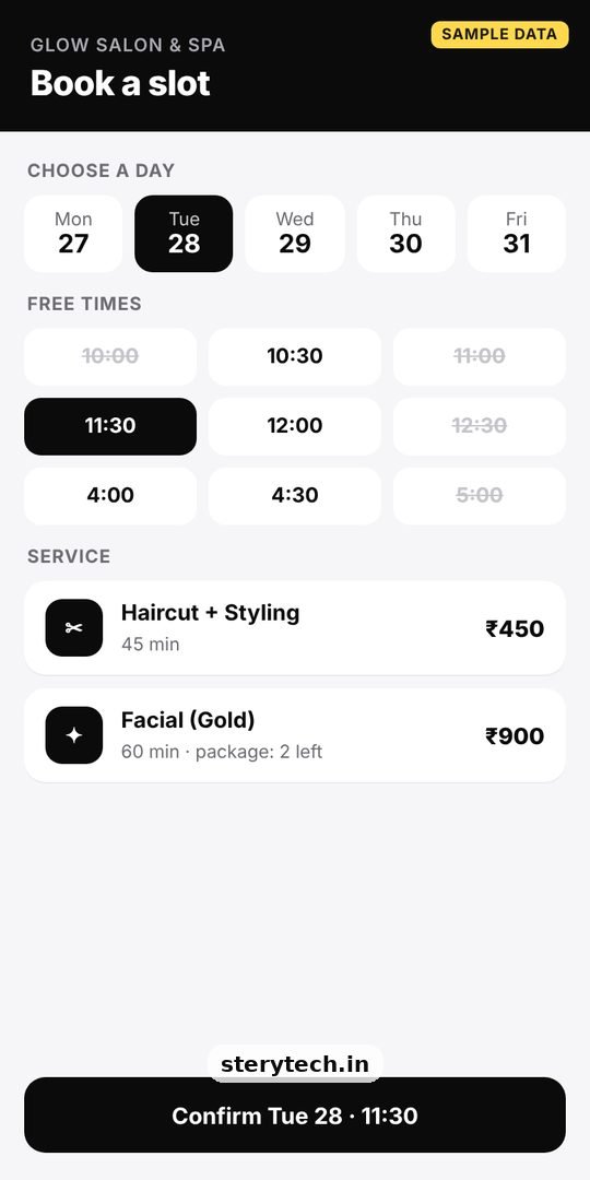 Salon Booking — sample screen of the Sterytech web app